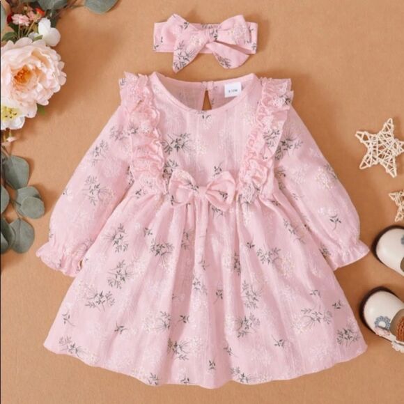 𝅺Girls Pink Ruffle Bowknot Dress